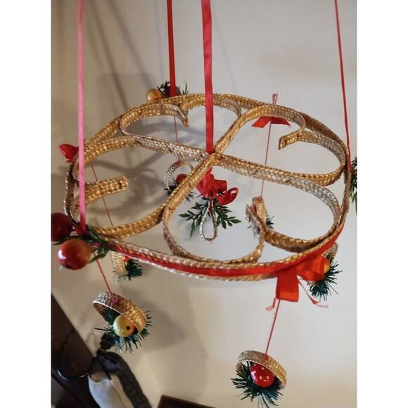 Vintage Woven Wicker Christmas Mobile Mushroom Apple Scandinavian Holiday Decor - Picture 4 of 8